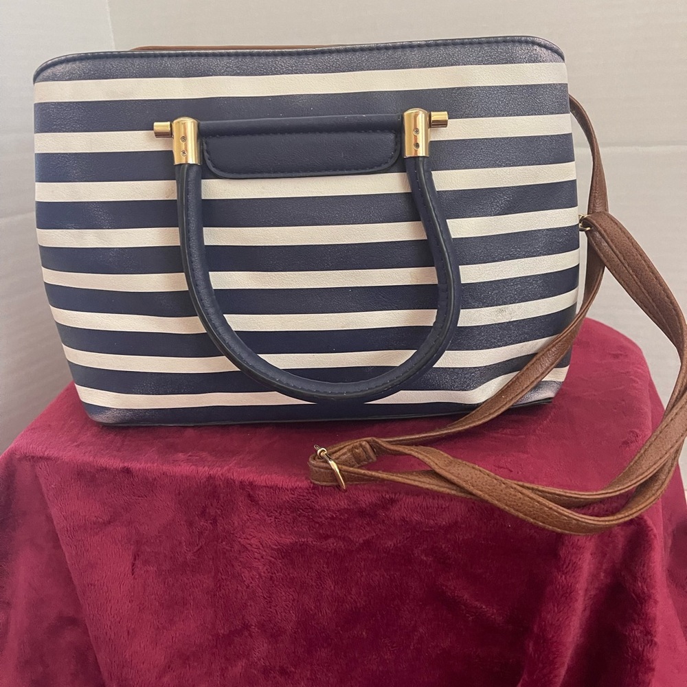 “Call It Spring” Crossbody Navy White Striped Nautical Bag w Brown Strap & Trim